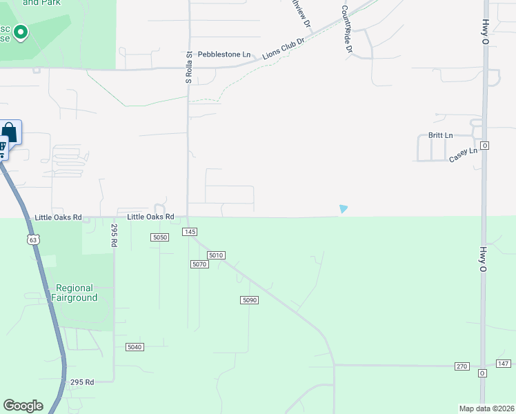 map of restaurants, bars, coffee shops, grocery stores, and more near 1345 Thomas Drive in Rolla