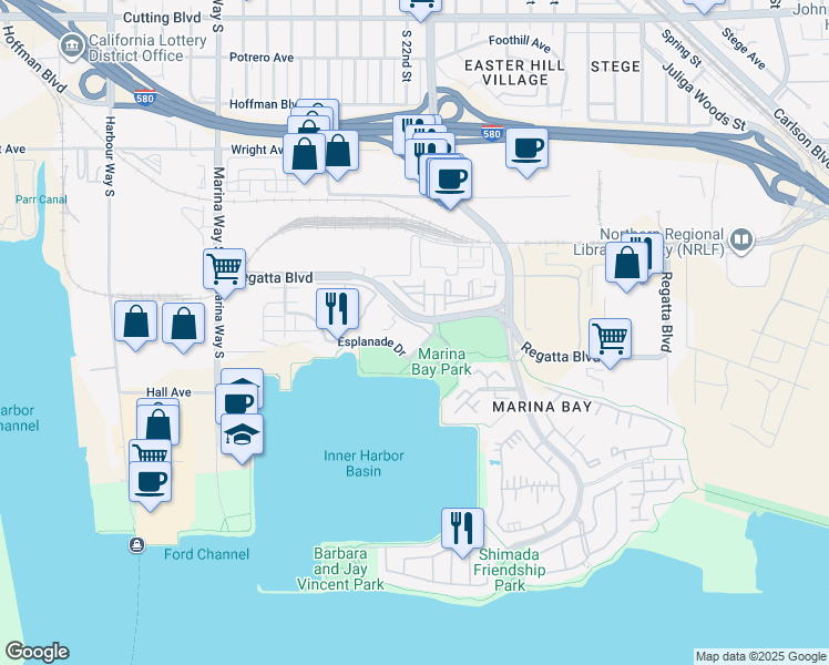 map of restaurants, bars, coffee shops, grocery stores, and more near 1201 Melville Square in Richmond