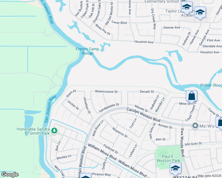 map of restaurants, bars, coffee shops, grocery stores, and more near 2051 Watercourse Street in Stockton