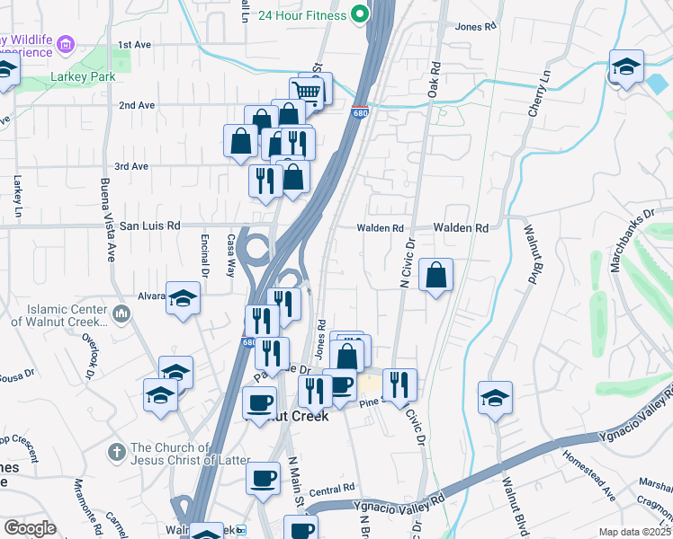 map of restaurants, bars, coffee shops, grocery stores, and more near 600 Chandon Court in Walnut Creek