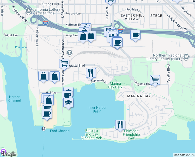 map of restaurants, bars, coffee shops, grocery stores, and more near 185 Schooner Court in Richmond