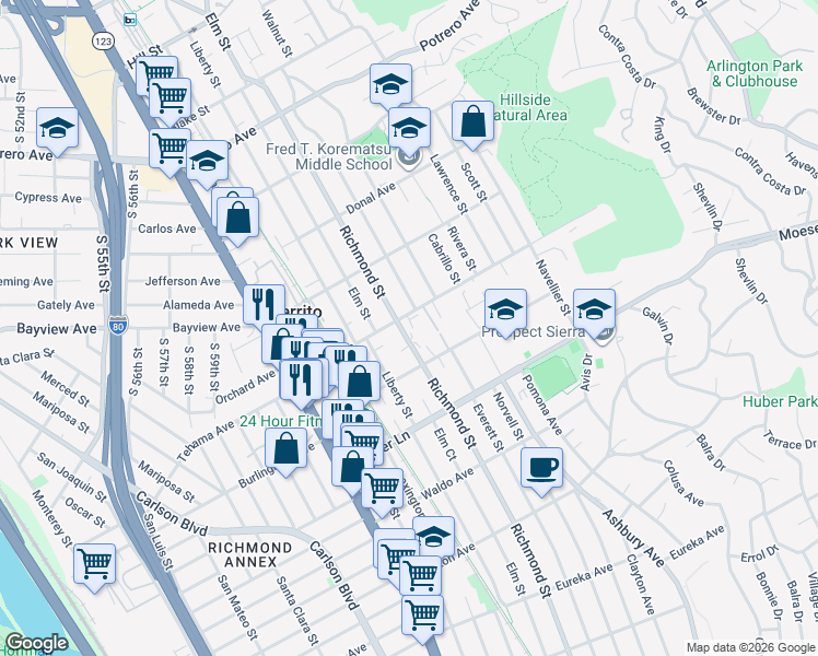 map of restaurants, bars, coffee shops, grocery stores, and more near Richmond Street in El Cerrito