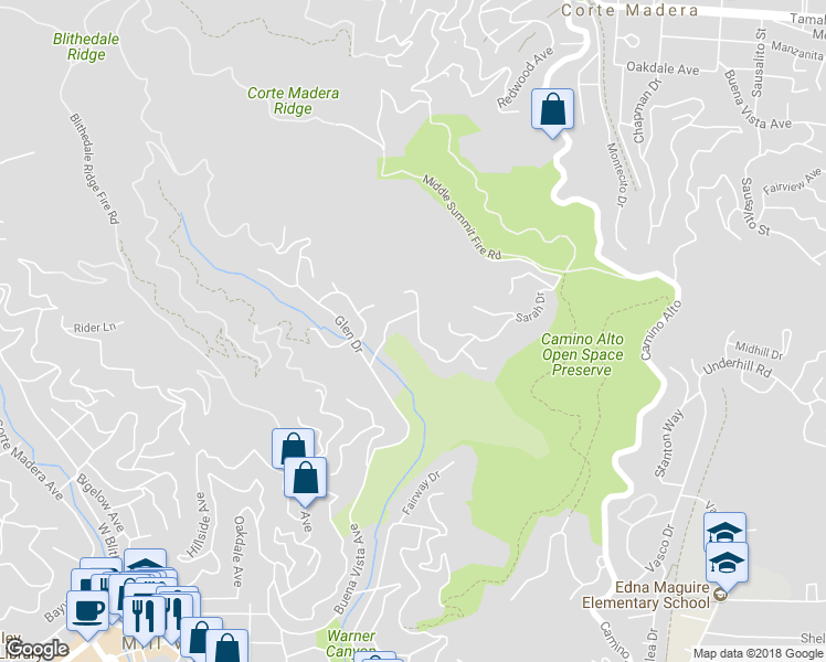 map of restaurants, bars, coffee shops, grocery stores, and more near 387 Vista Linda Drive in Mill Valley