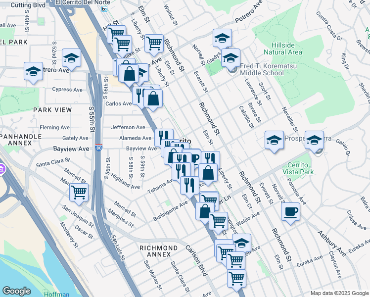 map of restaurants, bars, coffee shops, grocery stores, and more near 1290 Kearney Street in El Cerrito