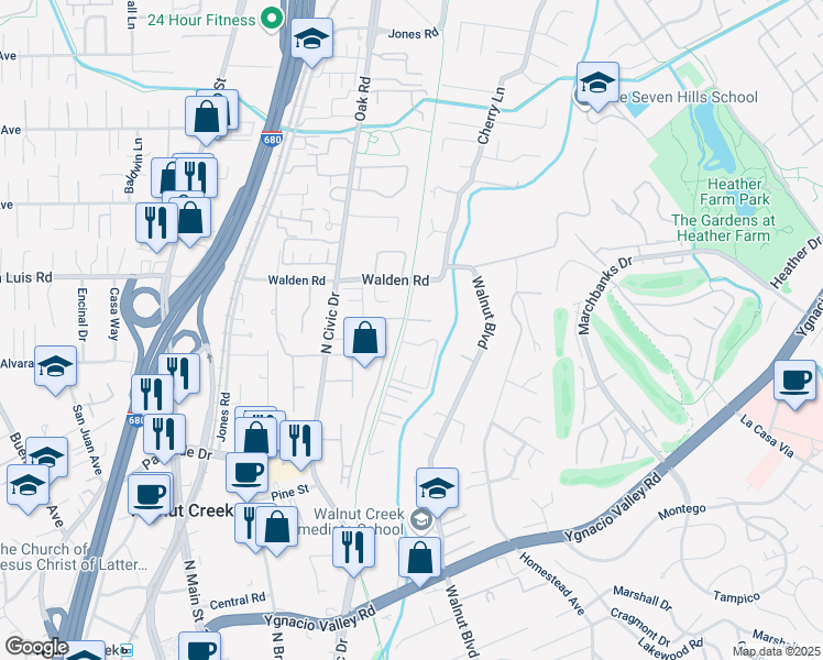 map of restaurants, bars, coffee shops, grocery stores, and more near 2408 Westcliffe Lane in Walnut Creek