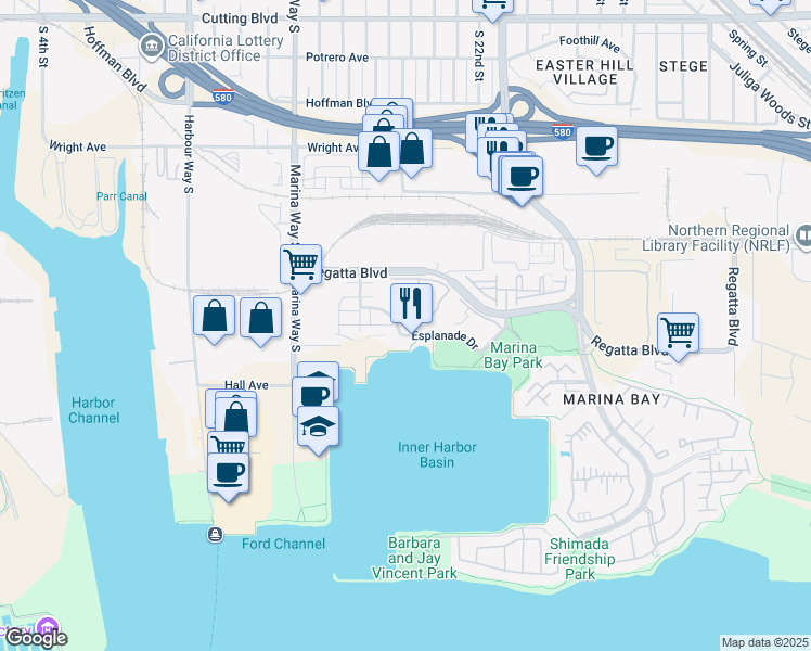 map of restaurants, bars, coffee shops, grocery stores, and more near 160 Schooner Court in Richmond