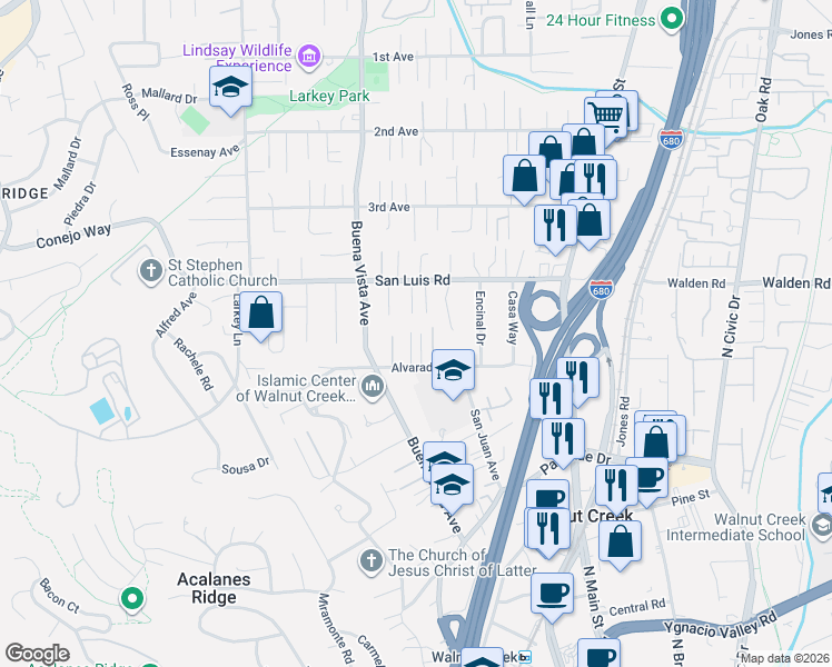 map of restaurants, bars, coffee shops, grocery stores, and more near 2565 Clark Lane in Walnut Creek