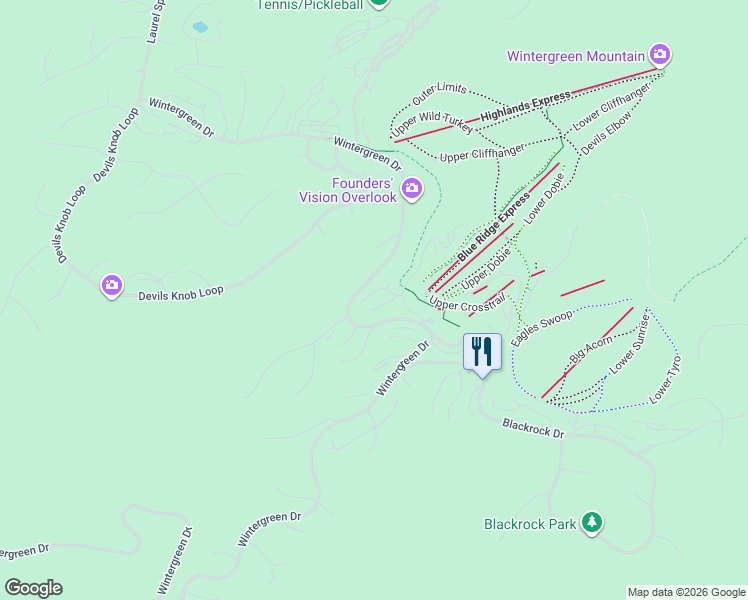 map of restaurants, bars, coffee shops, grocery stores, and more near 417 3 Ridges in Wintergreen Resort