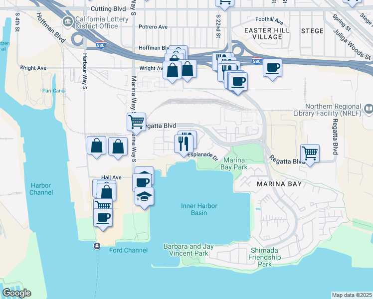 map of restaurants, bars, coffee shops, grocery stores, and more near 156 Schooner Court in Richmond