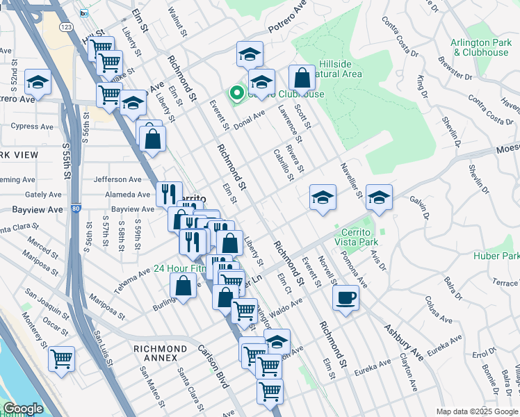 map of restaurants, bars, coffee shops, grocery stores, and more near 1128 Richmond Street in El Cerrito