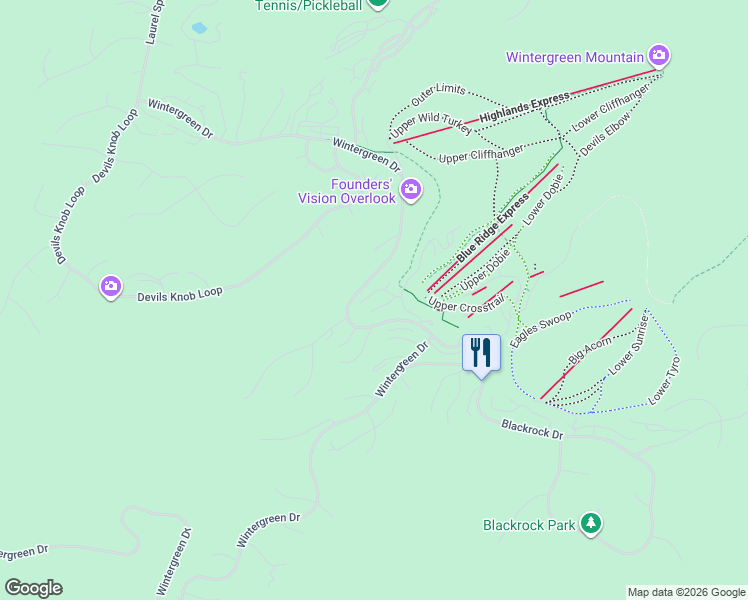 map of restaurants, bars, coffee shops, grocery stores, and more near 417 3 Ridges in Wintergreen Resort