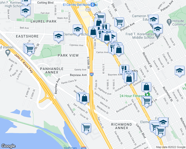 map of restaurants, bars, coffee shops, grocery stores, and more near 5522 Bayview Avenue in Richmond