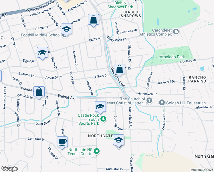 map of restaurants, bars, coffee shops, grocery stores, and more near 627 Creekmore Court in Walnut Creek