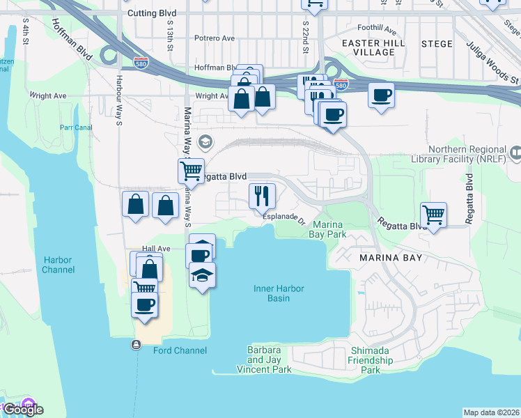 map of restaurants, bars, coffee shops, grocery stores, and more near 2551 Day Sailor Court in Richmond