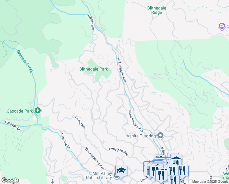 map of restaurants, bars, coffee shops, grocery stores, and more near 36 Magee Avenue in Mill Valley
