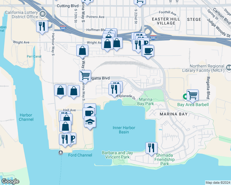 map of restaurants, bars, coffee shops, grocery stores, and more near 155 Schooner Court in Richmond