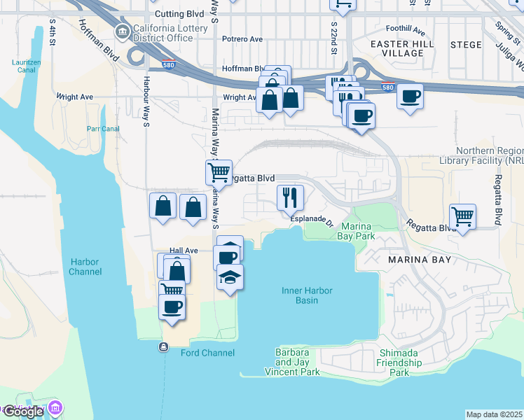 map of restaurants, bars, coffee shops, grocery stores, and more near 2020 Northshore Drive in Richmond