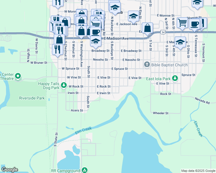 map of restaurants, bars, coffee shops, grocery stores, and more near 251 East Rock Street in Iola