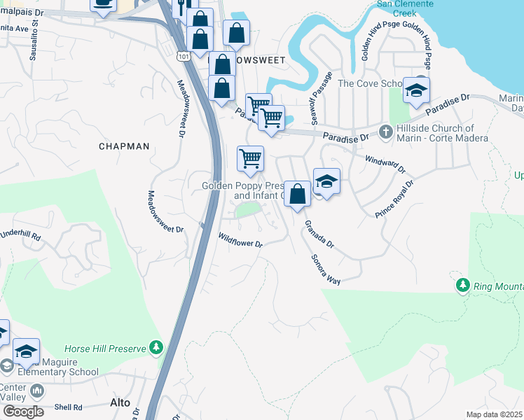 map of restaurants, bars, coffee shops, grocery stores, and more near Parkview Circle & Creekside Court in Corte Madera