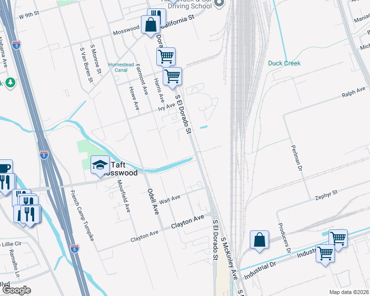 map of restaurants, bars, coffee shops, grocery stores, and more near 3323 S El Dorado St in Stockton