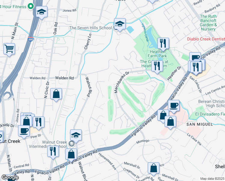 map of restaurants, bars, coffee shops, grocery stores, and more near 105 Hogan Court in Walnut Creek