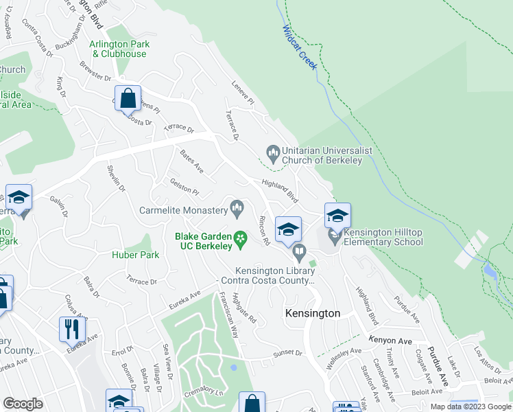 map of restaurants, bars, coffee shops, grocery stores, and more near 25 Kerr Avenue in Kensington