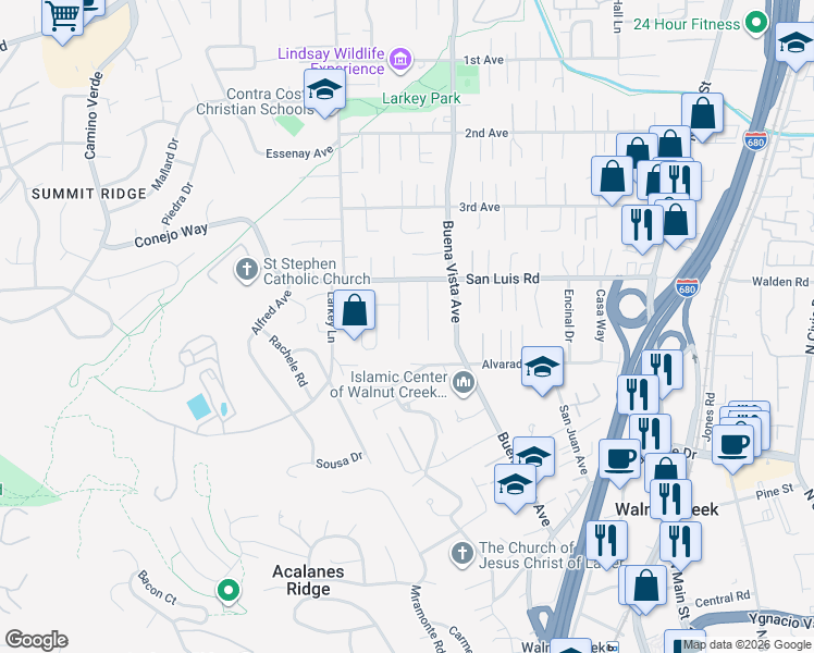 map of restaurants, bars, coffee shops, grocery stores, and more near 2460 Sky Road in Walnut Creek