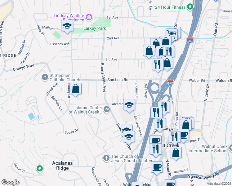 map of restaurants, bars, coffee shops, grocery stores, and more near 2565 Clark Lane in Walnut Creek