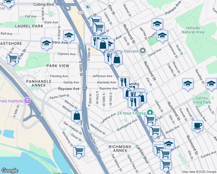 map of restaurants, bars, coffee shops, grocery stores, and more near 5800 Bayview Avenue in Richmond