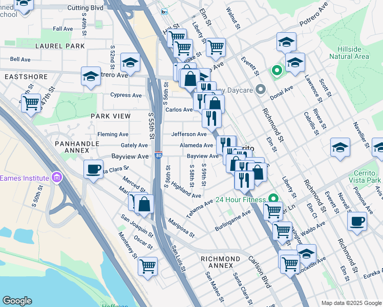 map of restaurants, bars, coffee shops, grocery stores, and more near 5800 Bayview Avenue in Richmond