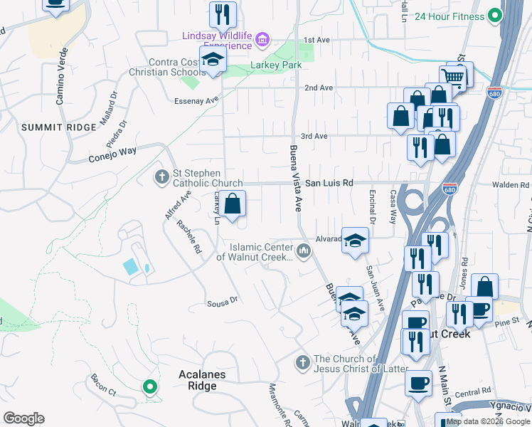 map of restaurants, bars, coffee shops, grocery stores, and more near 2460 Sky Road in Walnut Creek
