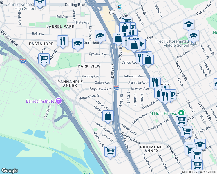map of restaurants, bars, coffee shops, grocery stores, and more near 5355 Bayview Avenue in Richmond