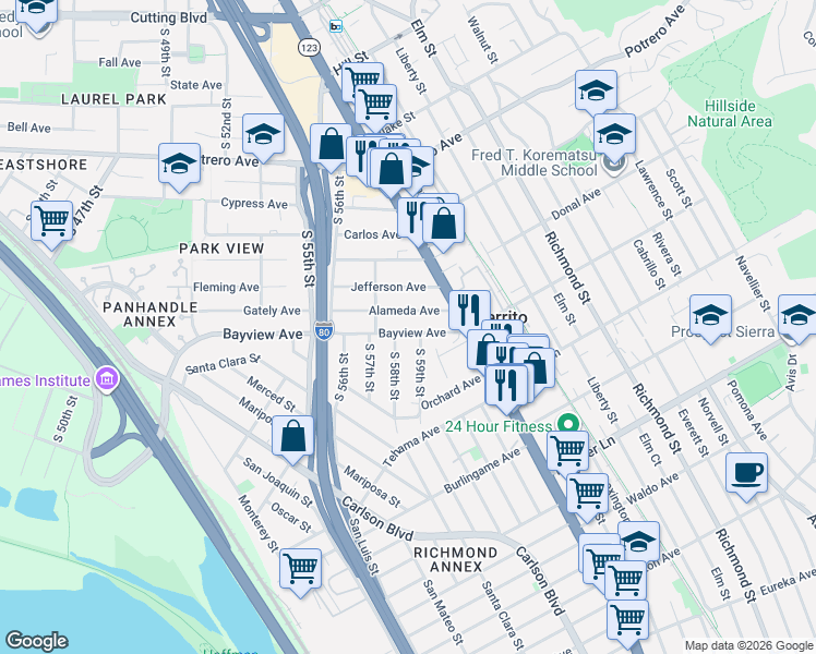 map of restaurants, bars, coffee shops, grocery stores, and more near 5800 Bayview Avenue in Richmond