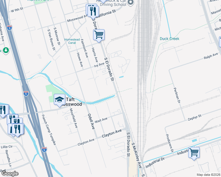 map of restaurants, bars, coffee shops, grocery stores, and more near 3323 South El Dorado Street in Stockton