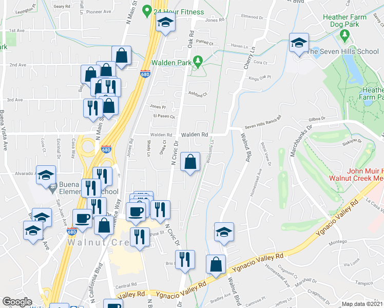 map of restaurants, bars, coffee shops, grocery stores, and more near 430 Westcliffe Place in Walnut Creek