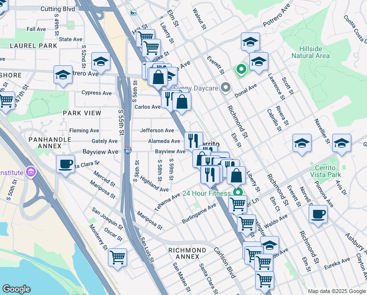 map of restaurants, bars, coffee shops, grocery stores, and more near 5922 Bayview Avenue in Richmond