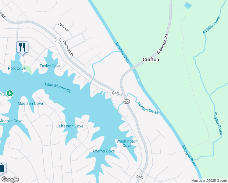 map of restaurants, bars, coffee shops, grocery stores, and more near 3739 Lake Monticello Road in Palmyra