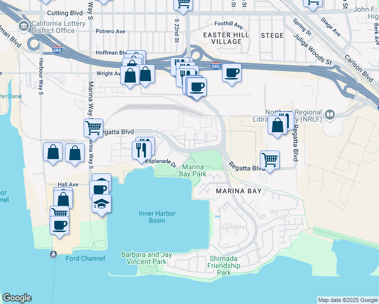map of restaurants, bars, coffee shops, grocery stores, and more near Regatta Blvd & Melville Square in Richmond