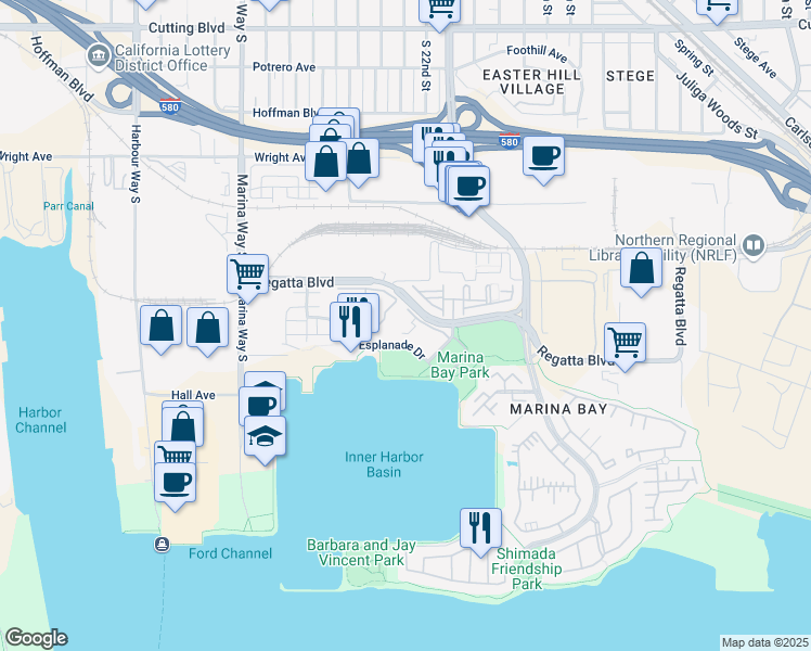 map of restaurants, bars, coffee shops, grocery stores, and more near 1207 Melville Square in Richmond