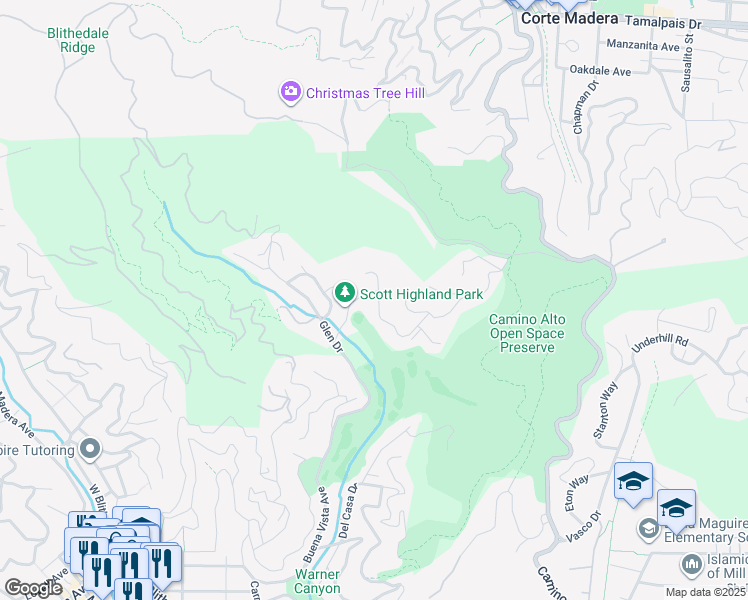 map of restaurants, bars, coffee shops, grocery stores, and more near 387 Vista Linda Drive in Mill Valley