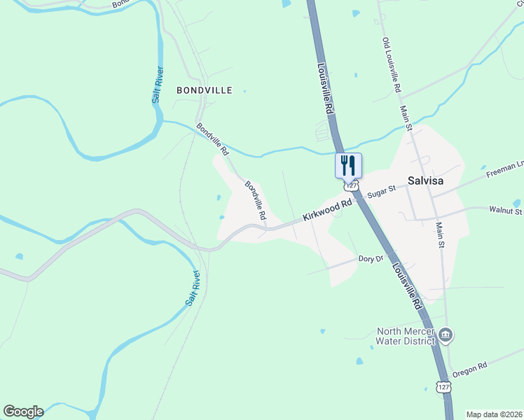 map of restaurants, bars, coffee shops, grocery stores, and more near 102 Bondville Road in Salvisa