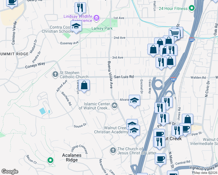 map of restaurants, bars, coffee shops, grocery stores, and more near 2430 Warren Lane in Walnut Creek
