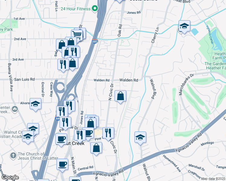 map of restaurants, bars, coffee shops, grocery stores, and more near 502 North Civic Drive in Walnut Creek