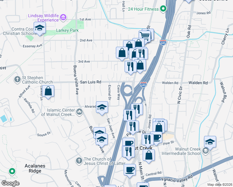 map of restaurants, bars, coffee shops, grocery stores, and more near 2424 Encinal Drive in Walnut Creek
