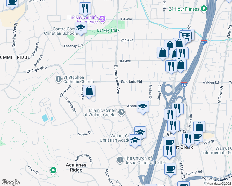 map of restaurants, bars, coffee shops, grocery stores, and more near 2430 Warren Lane in Walnut Creek