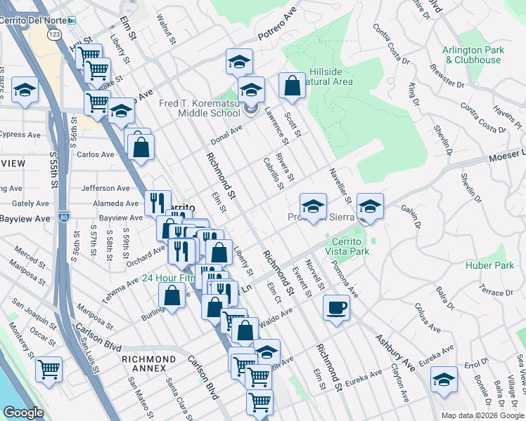 map of restaurants, bars, coffee shops, grocery stores, and more near 1120 Richmond Street in El Cerrito