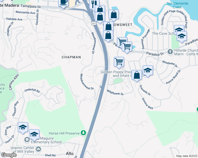 map of restaurants, bars, coffee shops, grocery stores, and more near 1407 Casa Buena Drive in Corte Madera