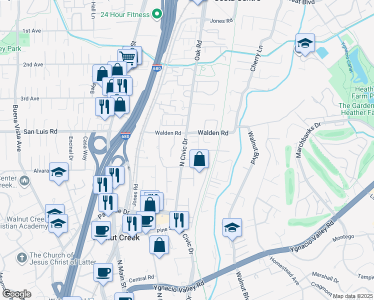 map of restaurants, bars, coffee shops, grocery stores, and more near 502 North Civic Drive in Walnut Creek