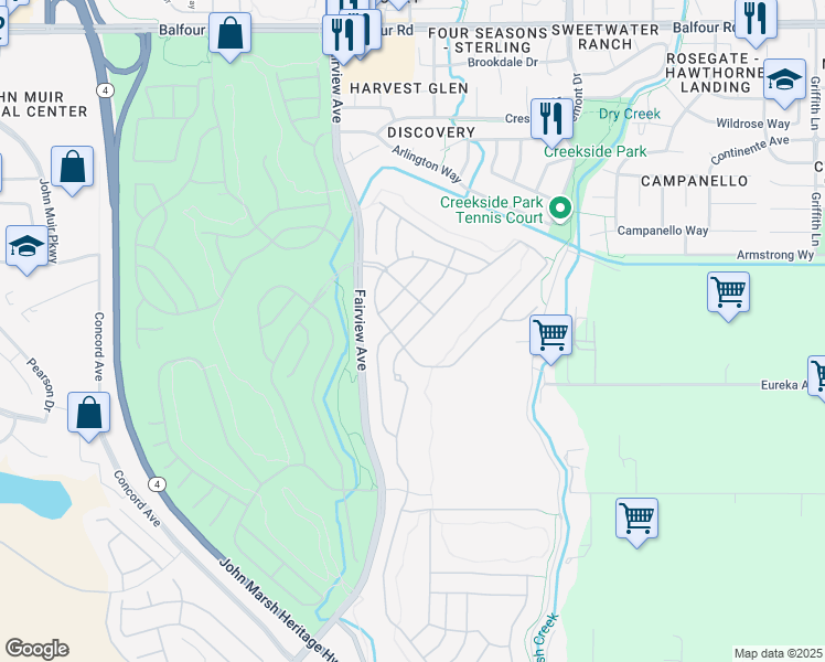 map of restaurants, bars, coffee shops, grocery stores, and more near 575 Quindell Way in Brentwood