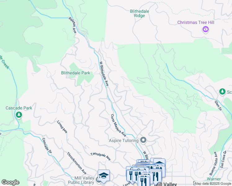 map of restaurants, bars, coffee shops, grocery stores, and more near 313 Eldridge Avenue in Mill Valley